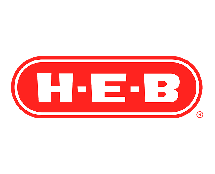 H-E-B logo with white letters inside red oval.