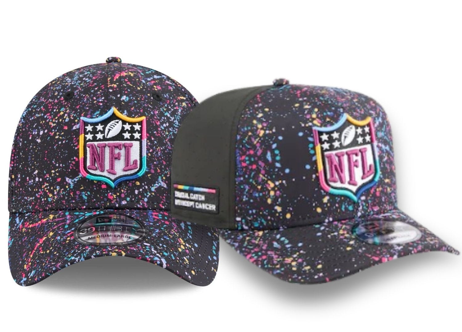 Two black NFL hats with colorful paint splatter.