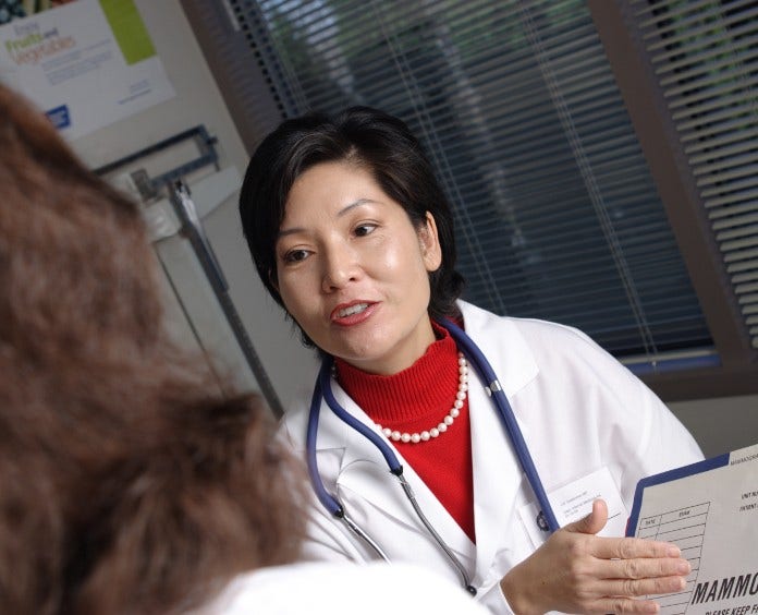 A female doctor presenting a mammography file to her patient in a doctor's office