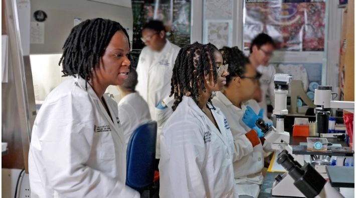 Two black scientists analyze research in a lab