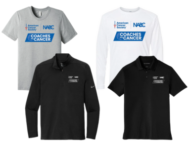 Four Coaches vs. Cancer branded shirts in various styles