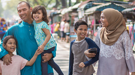 Muslim husband and wife walking the streets with children