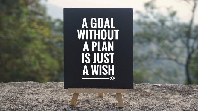 black sign with white lettering that says, "A goal without a plan is just a wish."
