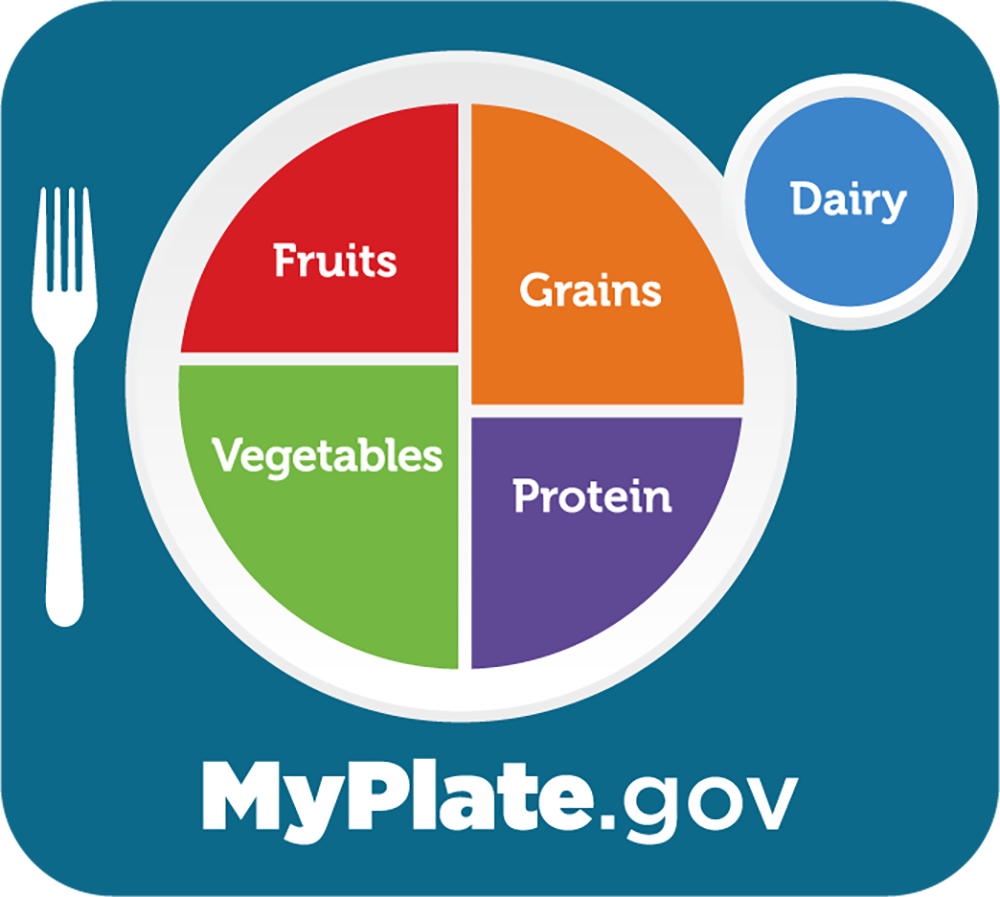 An illustrations shows a plate divided into four sections representing vegetables, fruits, grains, and protein, with a cup representing dairy.