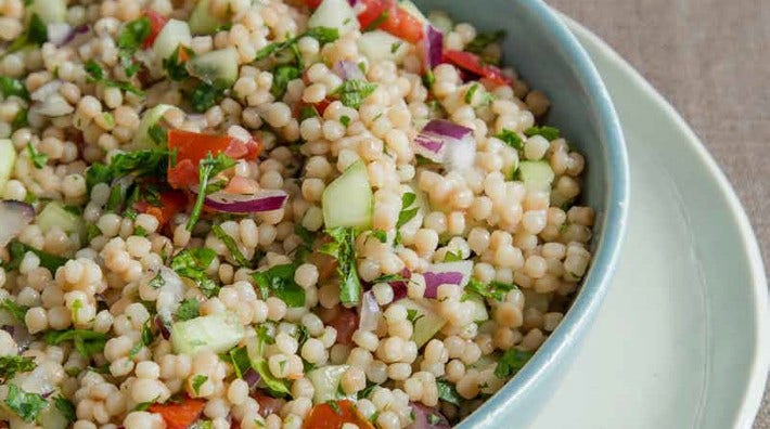 close up of the recipe, pearl couscous tabbouleh