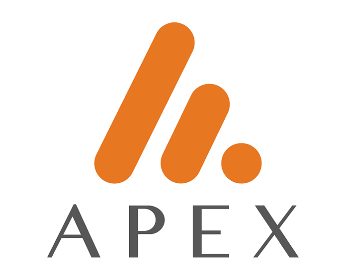 APEX logo with orange symbol above gray text.