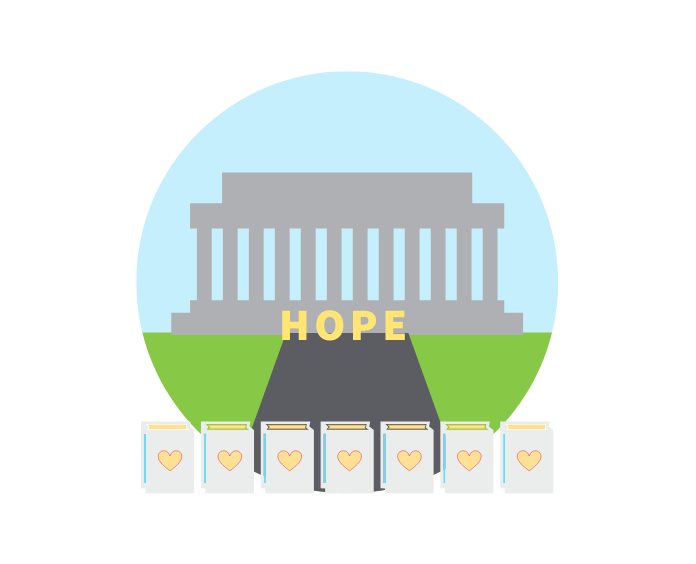 Illustration of the word HOPE and lumenaria in front of the Lincoln Memorial