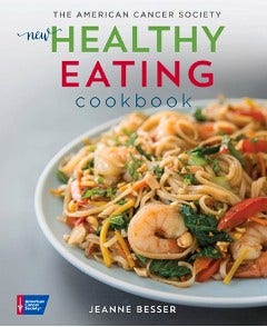 cover of The New Healthy Eating Cookbook shows a plate of healthy pasta and shrimp dish