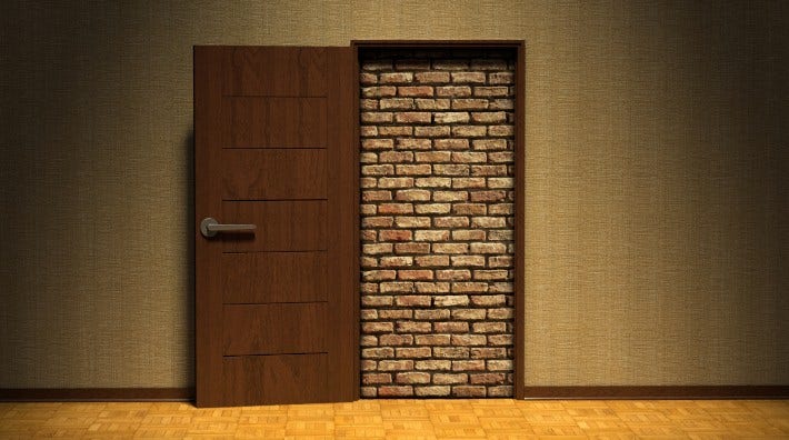 3D rendering of a doorway blocked by a brick wall