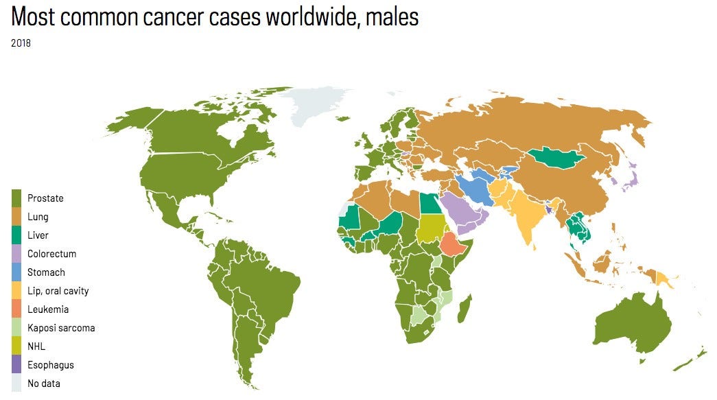 map showing the most common cancer cases worldwide in males