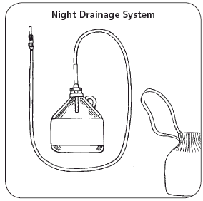 Illustration showing a night drainage system which carries urine away from the stoma while you sleep.  