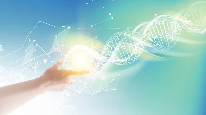 illustration showing a hand reaching out to a dna double helix