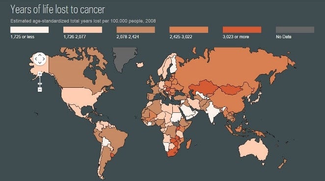 map from the Cancer Atlas showing the years of life lost to cancer in 2008