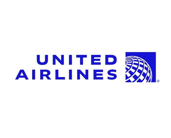 United Airlines logo with blue text and globe icon.