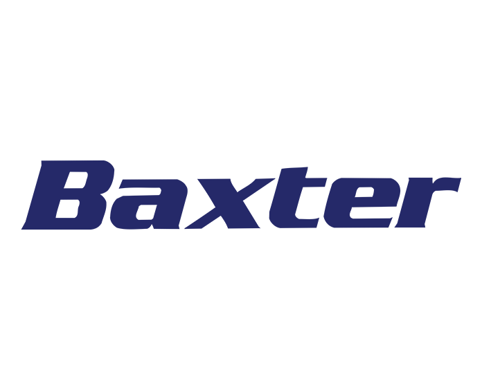 Baxter logo in bold blue italic text.