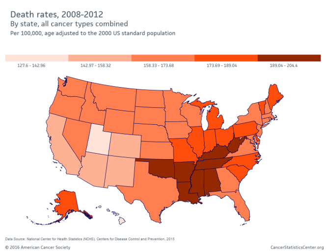 color coded map from the Cancer Statistics Center website showing death rates, 2008-2012 by state, all cancer types combined