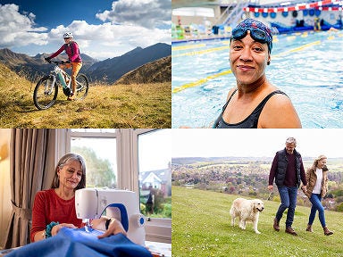 A collage of images containing a person on a bike in the mountains, a person walking a dog outside, a person sewing, and a swimmer in a pool