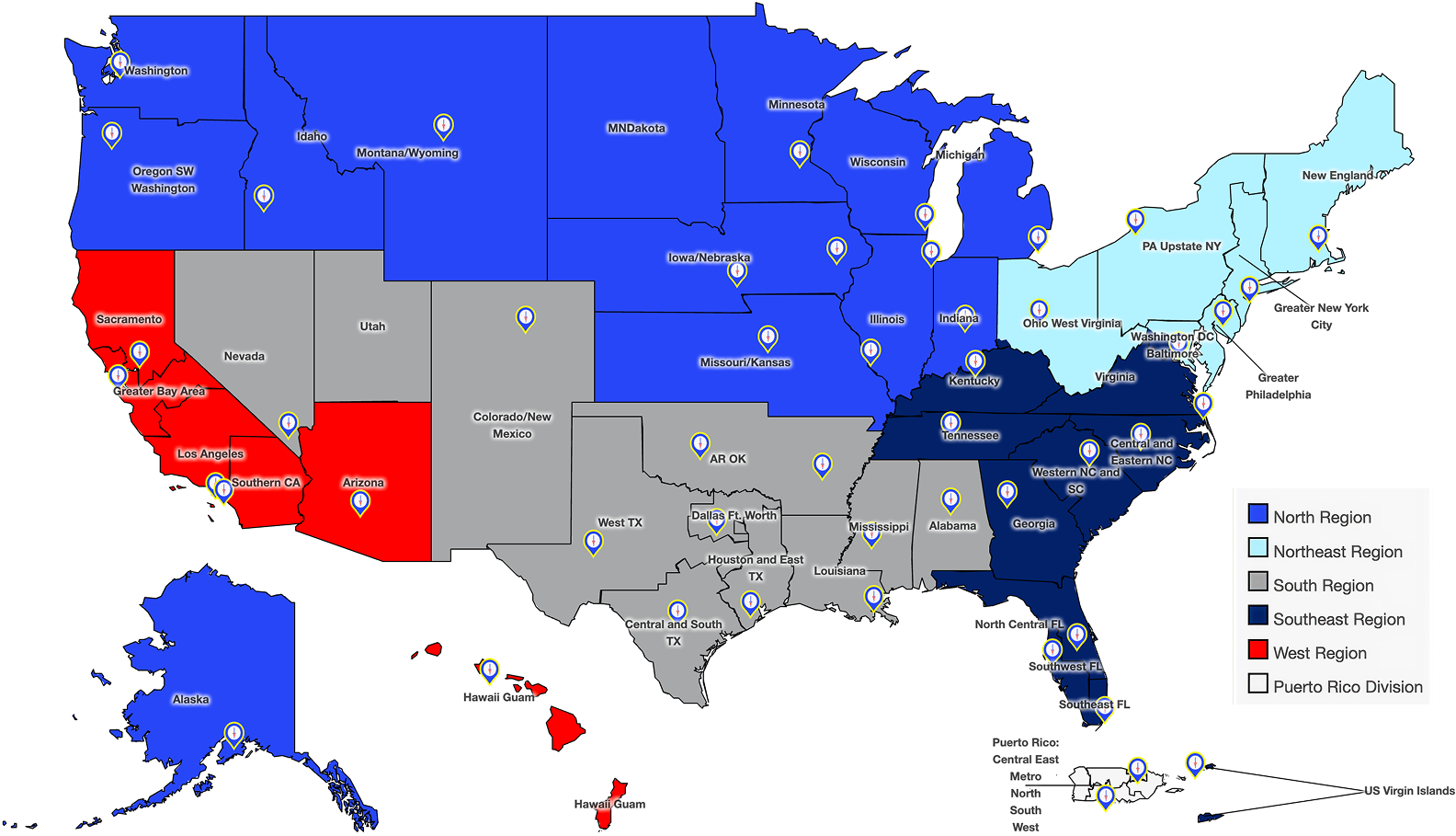 US map showing regions with colored areas and location pins.