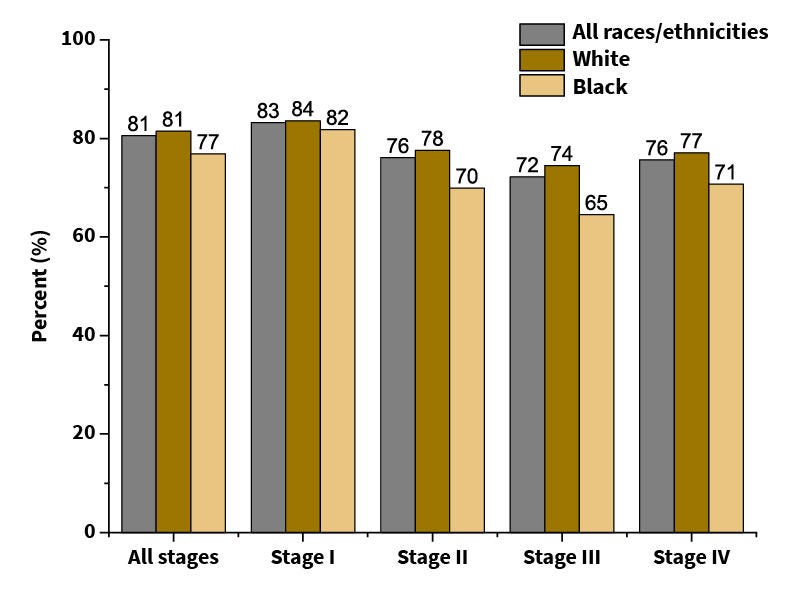 bar chart showing percent on y axis and stages across x axis with gray, tan, and brown bars 