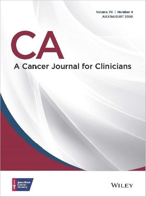 Cover of the ACS Journal CA, in red, with gradients of white and grey