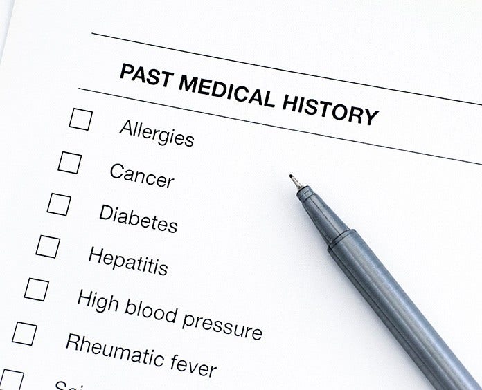 Checklist with pen--past medical history listing allergies, cancer, diabetes, hepatitis, high blood pressure, rheumatic fever 