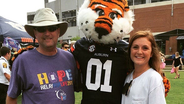 Mascot and couple at a sports event