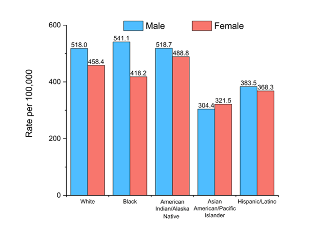 Bar chart--red (female) and blue (male) with ethnic groups across the x-axis white, black, american indian/pacific islander, hispanic/latino,