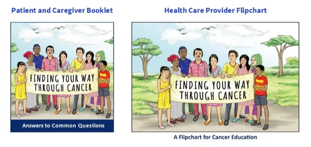 Illustrated covers for a patient booklet and a provider flipchart, each showing a diverse group holding a banner that reads “Finding Your Way Through Cancer.