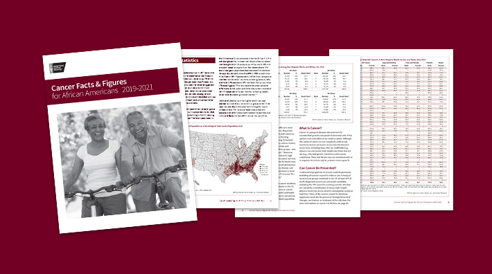 image showing the cover and several pages from the Cancer Facts and Figures for African Americans 2019-2021 publication