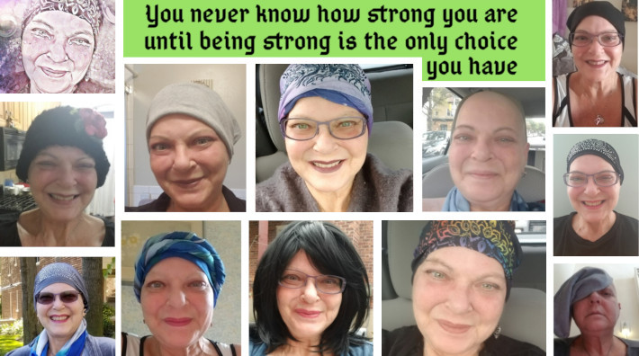 collage of pictures of cancer survivor, Phyllis Alsterberg, showing her progress through treatment
