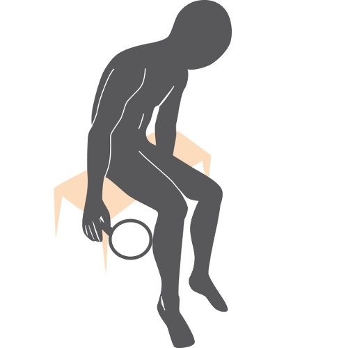 illustration of a man sitting and using a hand mirror to look at the bottoms of his feet, calves and backs of his thighs