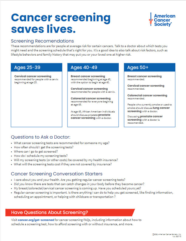 Screenshot of Cancer Screening 101 PDF: Cancer Screening Saves Lives
