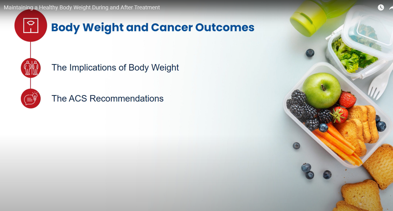 Image of raw fruits, vegetables, and whole grain bread, illustrating key concepts: body weight and cancer outcomes, the implications of body weight, and the ACS recommendations.