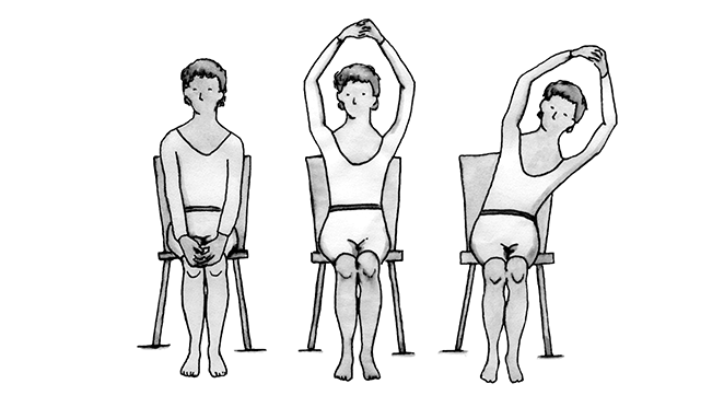 Series of illustrations showing a woman, first sitting in a chair with her hands clasped together in front of her, second with her arms over her head and third with her arms over her head and bending her trunk to the right.