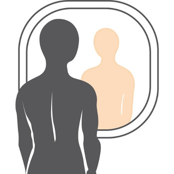 иллюстрация человека, стоящего перед зеркалом и рассматривающего свое лицо, уши, шею, грудь и живот