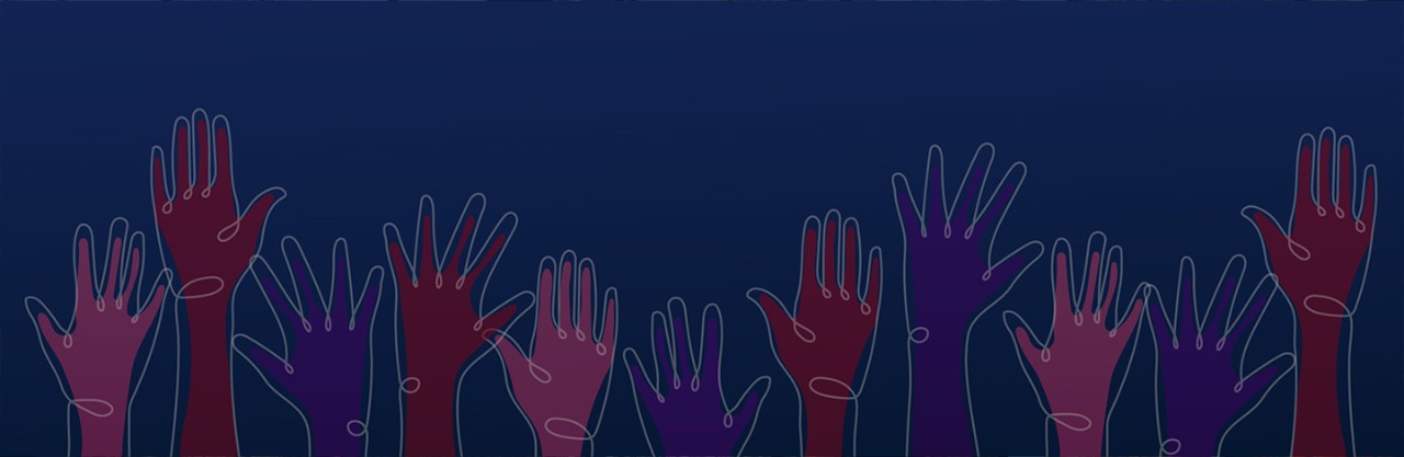 drawing of pink, red, and purple hands on a dark blue background 