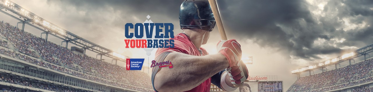Photo of a baseball player ready to hit a baseball in a stadium with the Cover Your Bases logo on top of the image