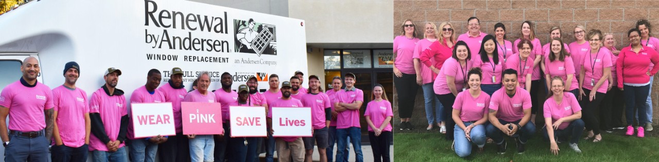 Renewal by Andersen Staff Making Strides Group wearing pink with truck behind and holding signs "wear pink save lives"
