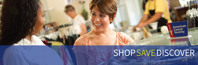 <p>Two women shopping at a clothes rack in an American Cancer Society Discovery Shop thrift store.</p>
