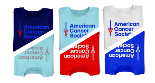 American Cancer Society shirts with logos in dark blue, cyan, red, and white