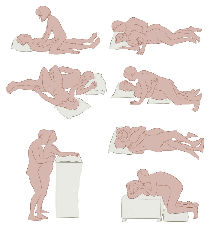 illustration showing seven sexual positions that may help in resuming sex after having cancer