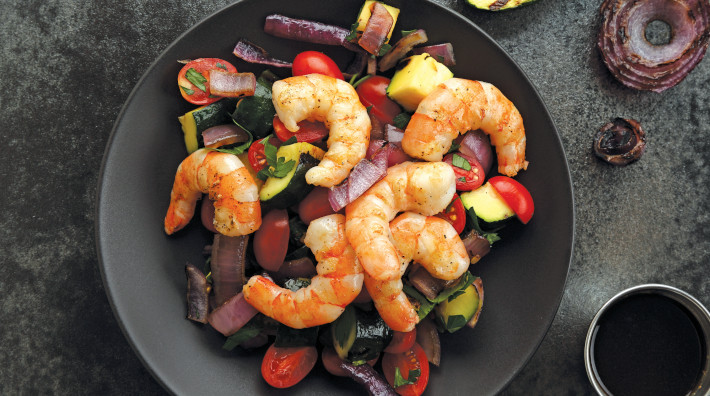 image of Grilled Shrimp & Veggies with Balsamic Reduction recipe from the ACS cookbook, "Quick and Healthy: 50 Simple Delicious Recipes for Every Day"