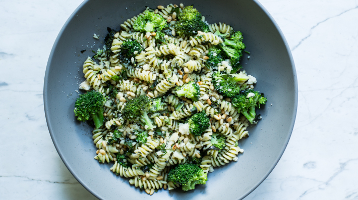 a plate of fusilli with broccoli and deconstructed pesto