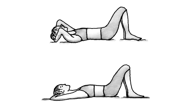 Illustration showing woman lying on her back with her knees bent and feet flat   on the floor. Her hands are clasped behind her neck with elbows pointing   toward the ceiling. Second illustration shows woman in same position but with her elbows apart and down toward the bed or floor.