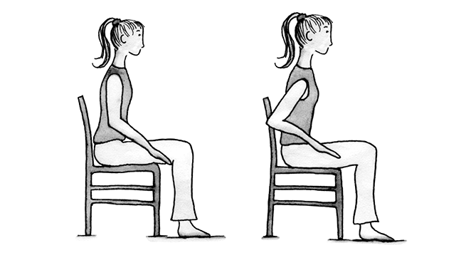 Illustration of a woman sitting in a chair with her face straight ahead, arms at her sides with elbows bent. Second illustration shows woman in same chair but with her elbows behind her.