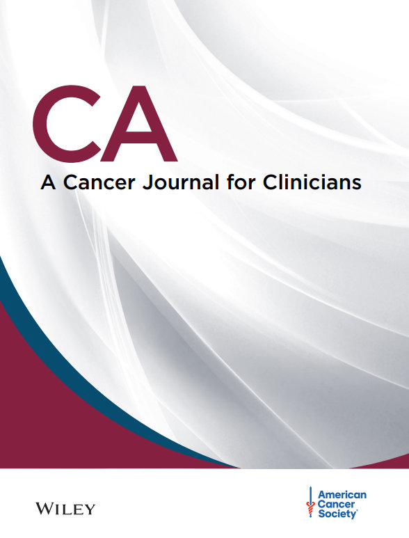 Cover of the ACS Journal CA, in red, with gradients of white and grey