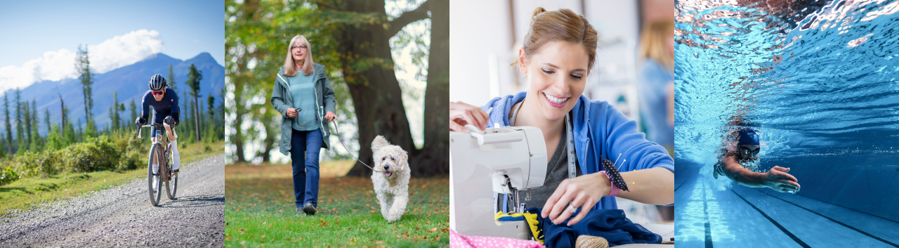A collage of images containing a person on a bike in the mountains, a person walking a dog outside, a person sewing, and a swimmer in a pool