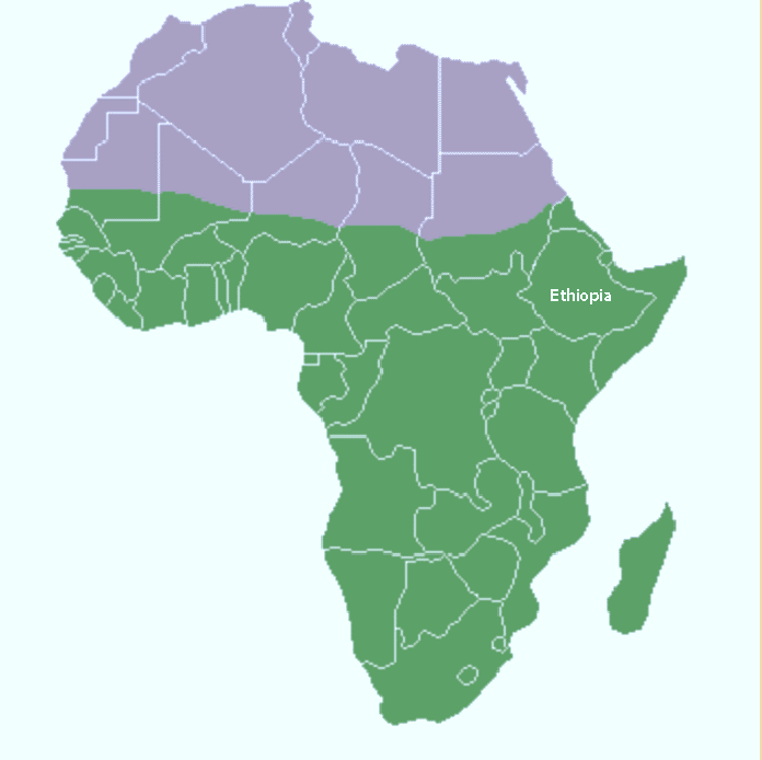 purple and green map of Africa with white outlines of countries, Ethiopia is labeled 