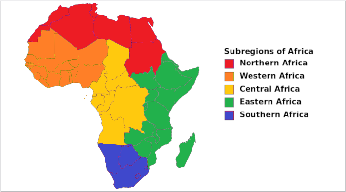 graphic showing map of Africa with subregions in different colors