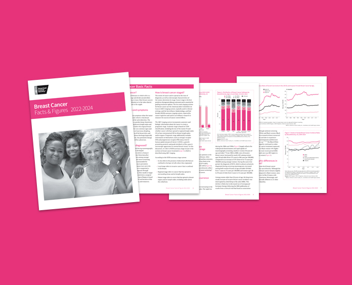 Cover of American Cancer Society breast cancer facts & figures with b/w image of 4 women and 3 overlapped inside pages 